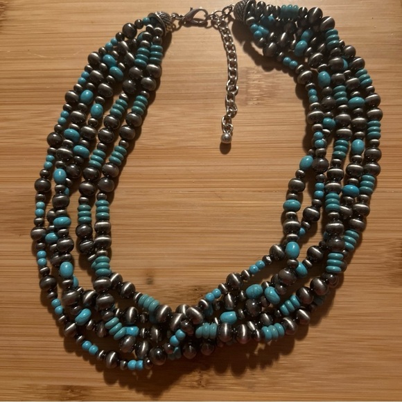 Multistrand Turquoise and Black Beaded Necklace - Picture 1 of 6